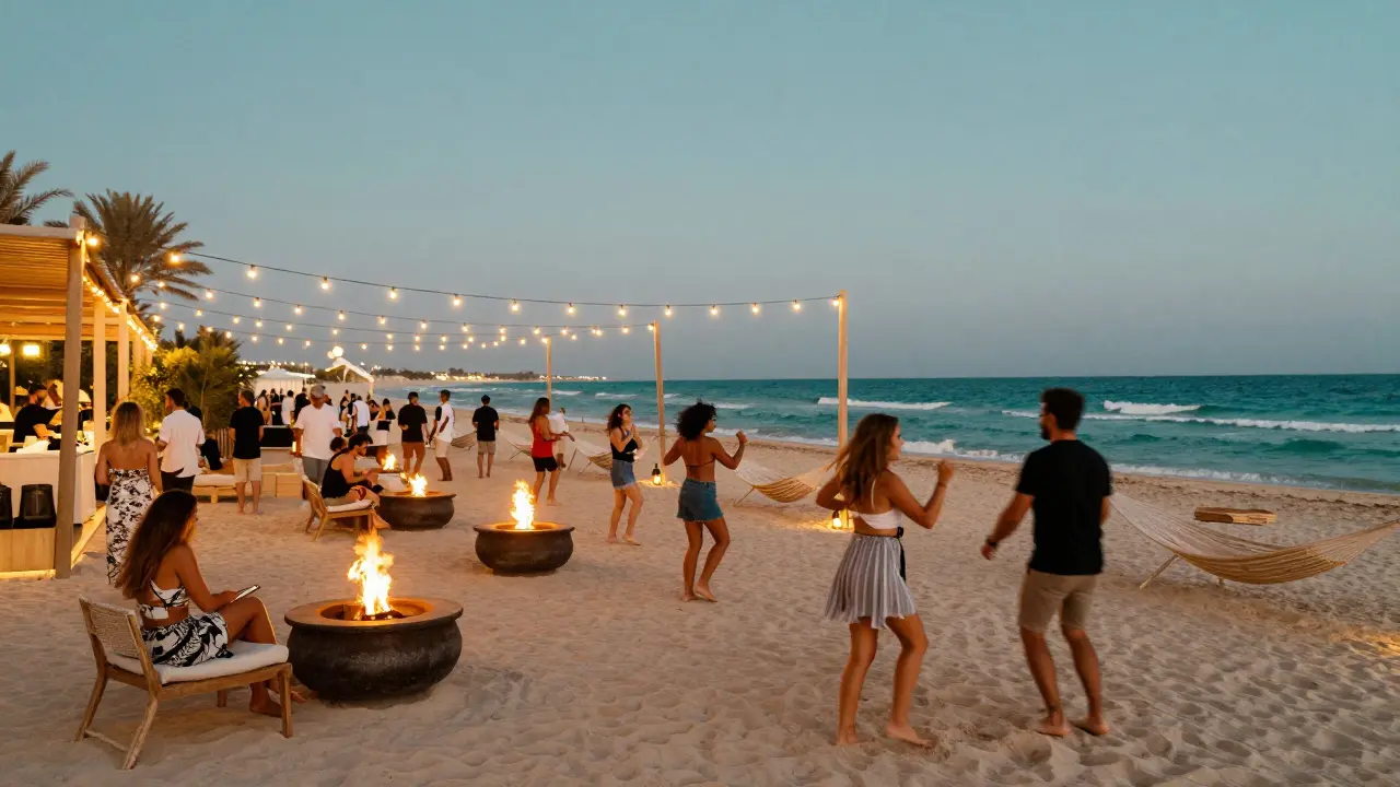 People dancing barefoot on the beach at White Beach Dubai under string lights and fire pits at dusk.