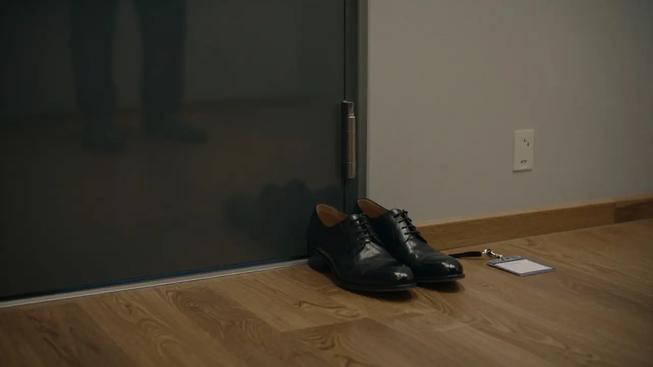 Polished shoes and an ID card beside a locked door in a Berlin hallway, symbolizing trust, boundaries, and respectful encounters.