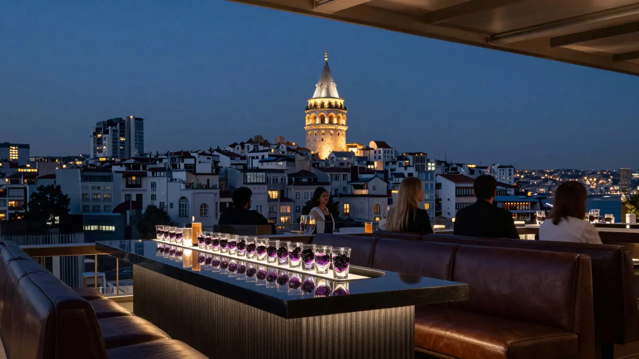 Rooftop lounge at twilight with guests overlooking the Galata Tower and Bosphorus skyline.