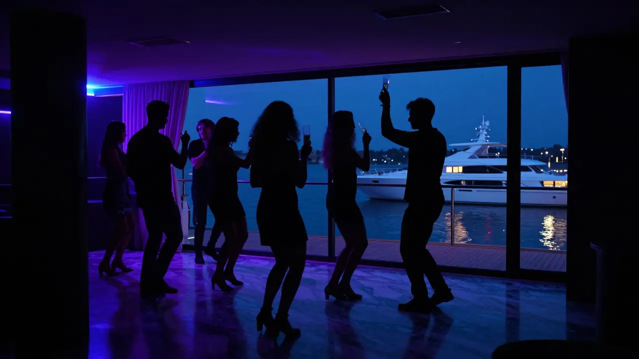 Silhouettes dance in Opal nightclub with neon lights reflecting on marble floors, yachts visible outside.