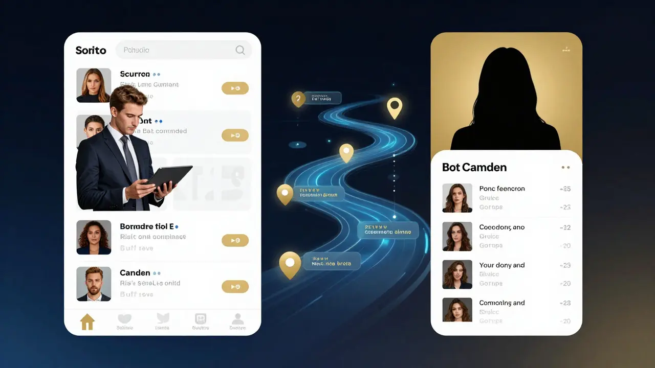 Split-screen digital interface showing a client browsing profiles and an escort managing her listings with data streams in the background.