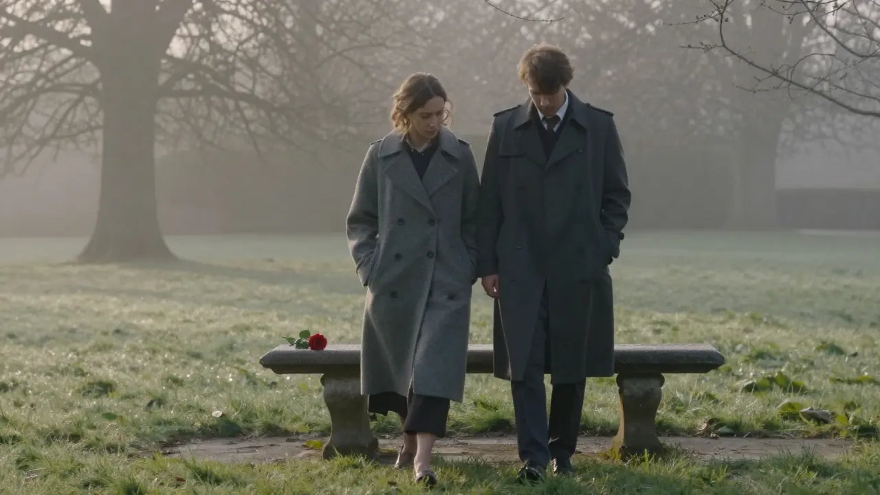 Two people walking quietly through the misty Sforza Castle gardens at dawn, a red rose on a bench behind them.