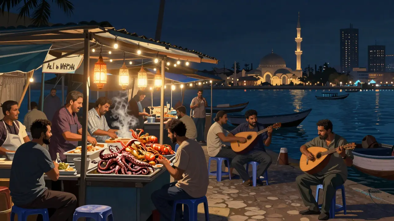 Vibrant night scene at Al Mina Fish Market with seafood stalls and waterfront lights.