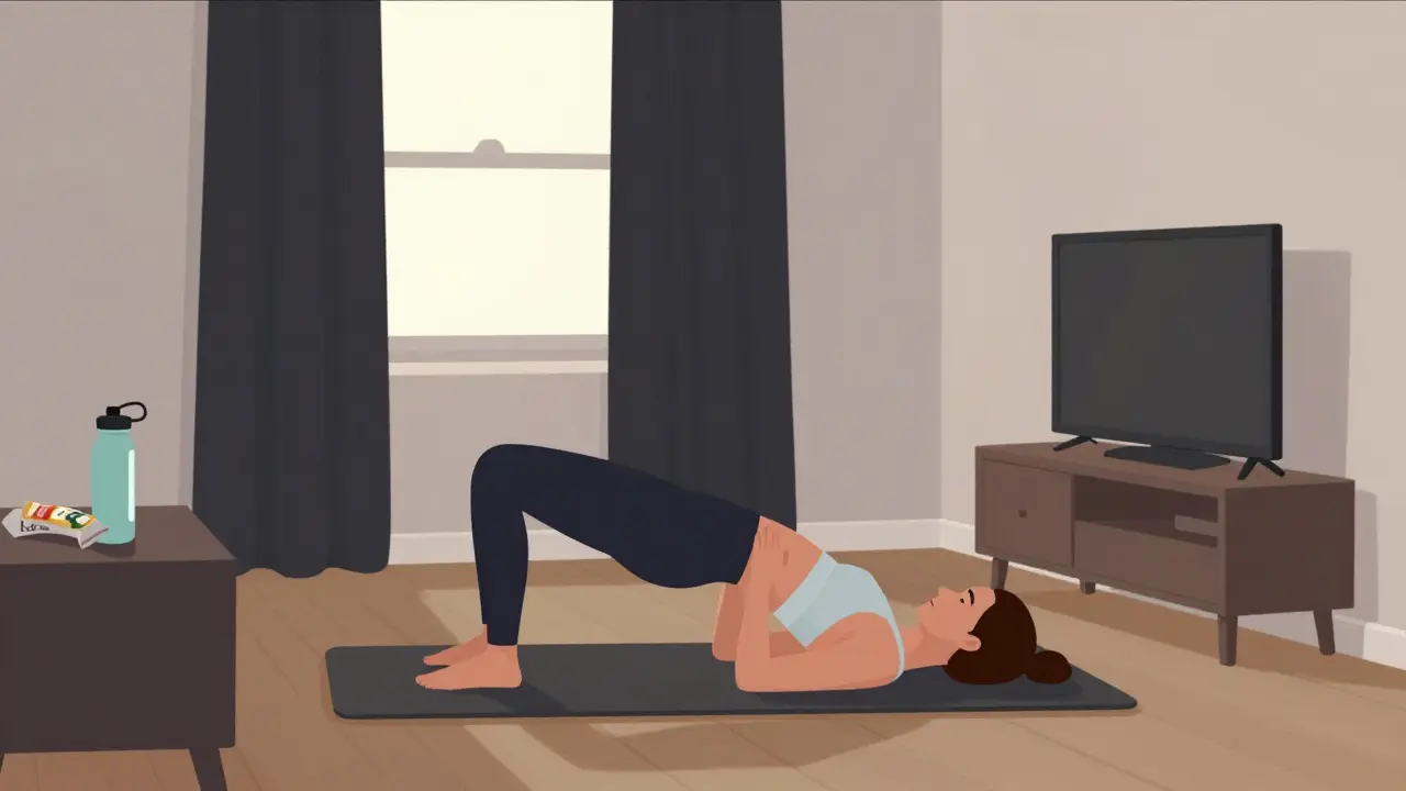 Woman doing glute bridges in her apartment at dawn, natural light, yoga mat, water bottle nearby.