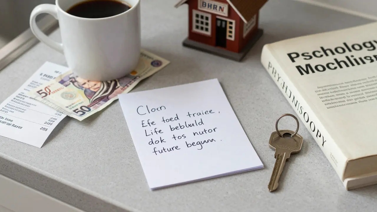A bakery receipt and psychology book sit beside a coffee mug and cash — a symbol of leaving sex work for a new life.