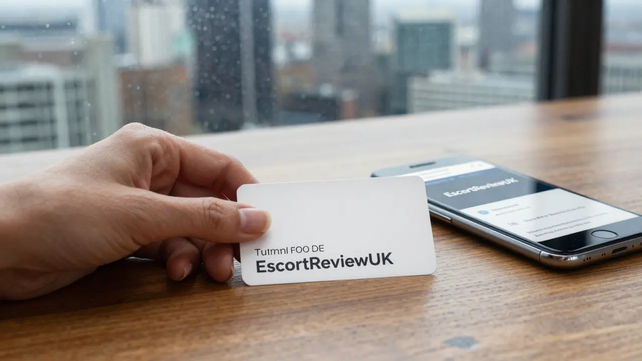 A business card for a London escort on a desk beside a smartphone showing a verified review site, symbolizing trust and professionalism.
