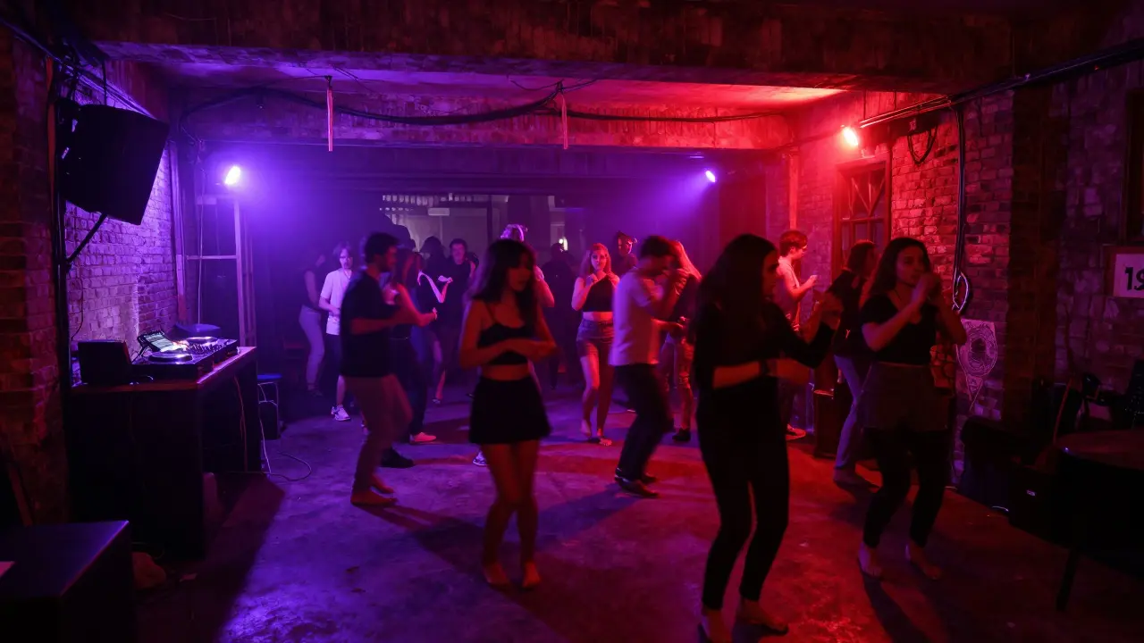 A crowd dancing in an underground Istanbul warehouse club with neon lights and exposed brick walls.