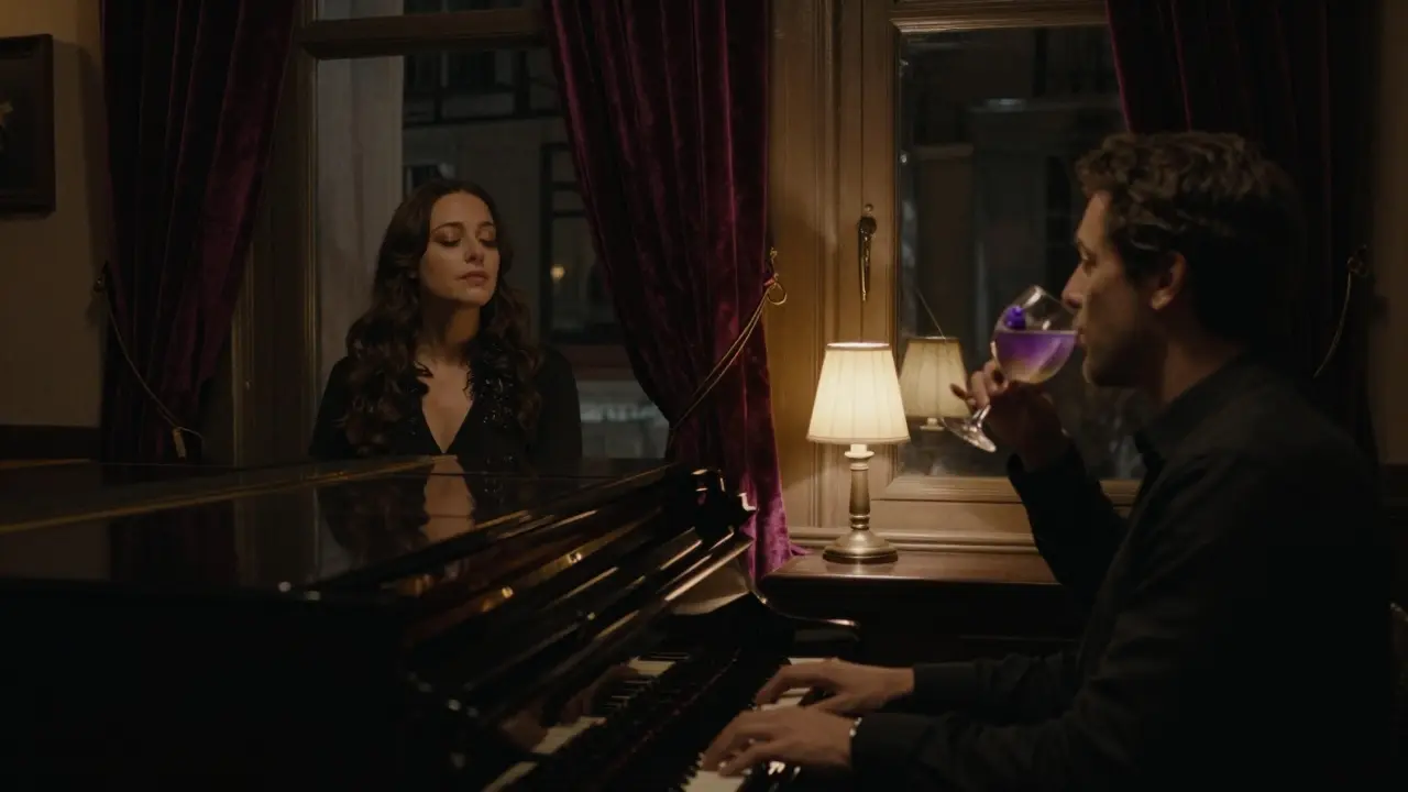 A dimly lit lounge with velvet curtains, a piano player, and a woman gazing out the window in peaceful silence.