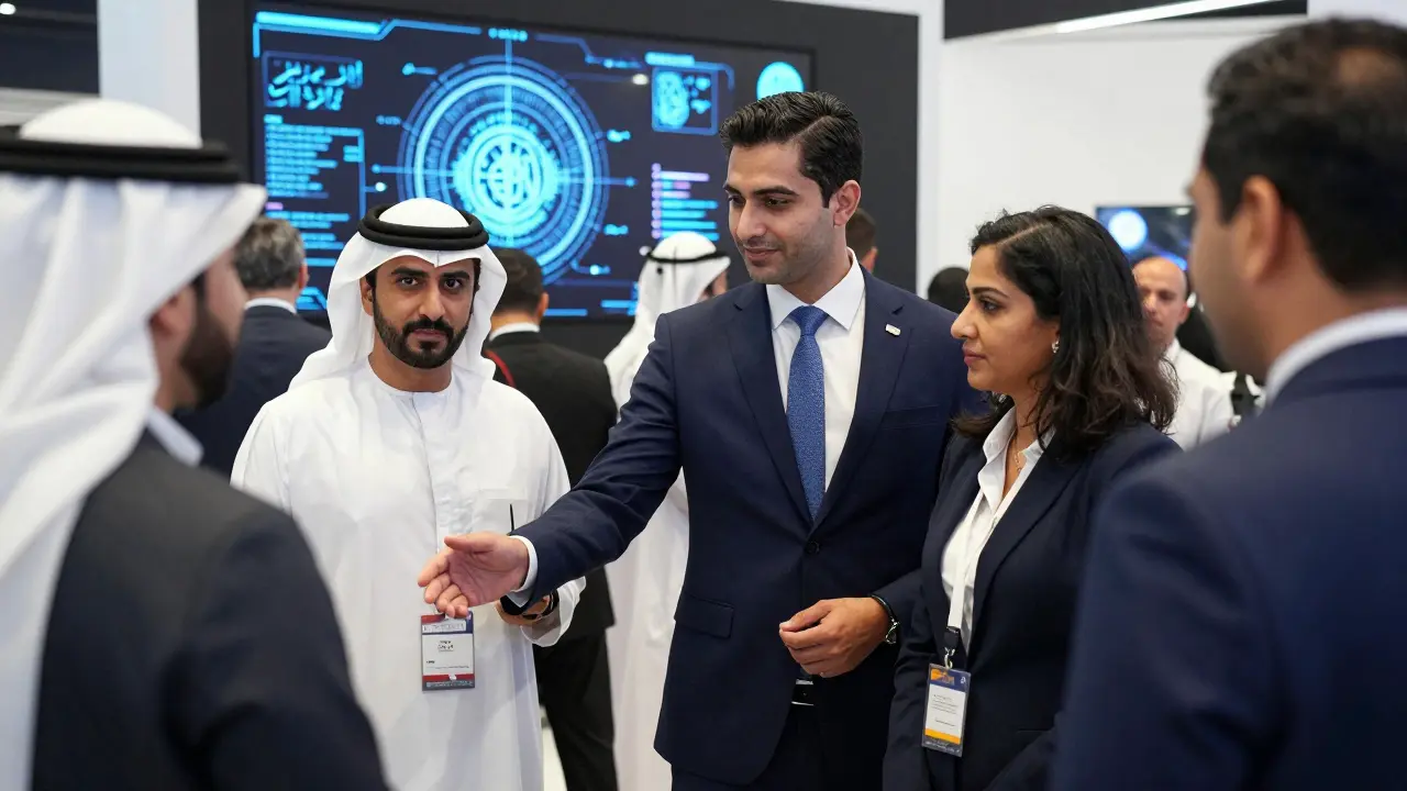 A female executive and her male companion navigating a tech expo in Abu Dhabi, blending professionalism with cultural grace.