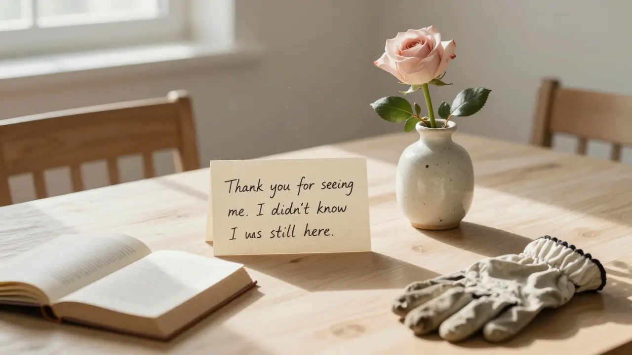 A handwritten note beside a single rose on a wooden table, evoking a quiet moment of profound human recognition.