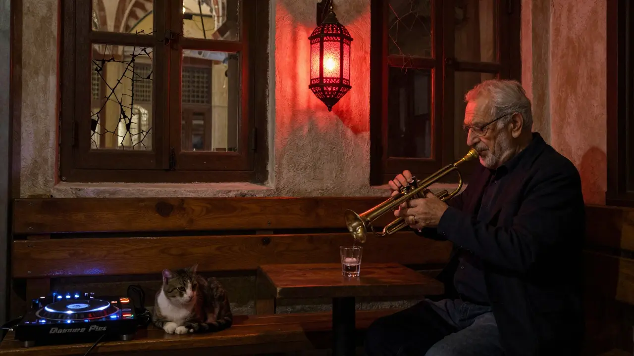 A hidden bar behind a mosque with a red lantern, a jazz musician pouring homemade liqueur to a patron.