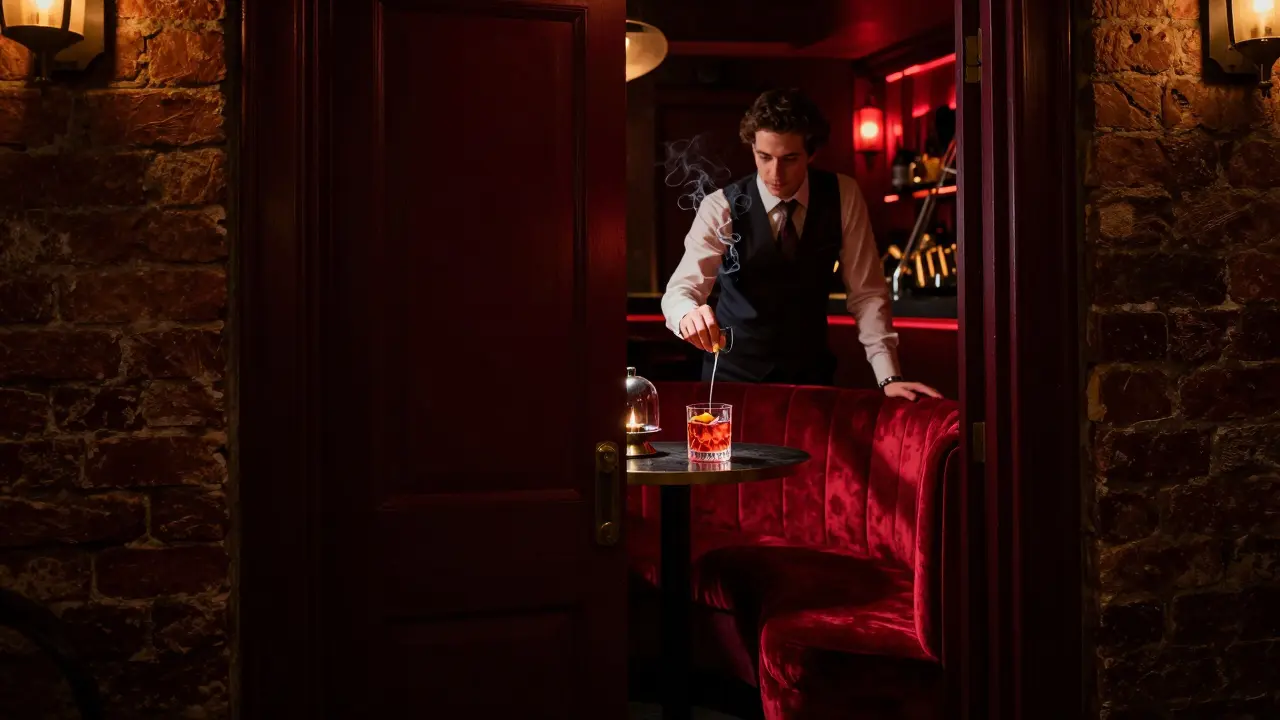 A hidden speakeasy with red velvet booths and a bartender crafting a unique cocktail in dim lighting.
