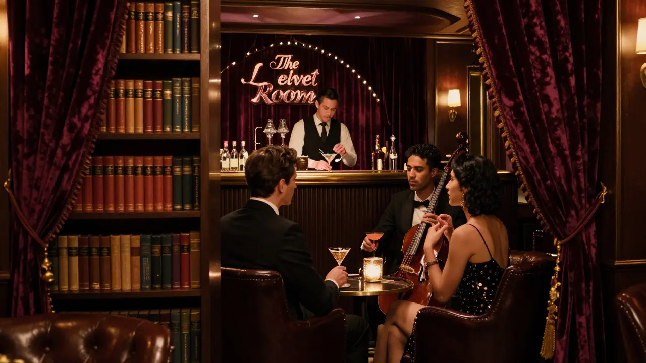 A hidden speakeasy with velvet furnishings and dim lighting, where guests savor artisanal cocktails in a 1920s-style lounge.