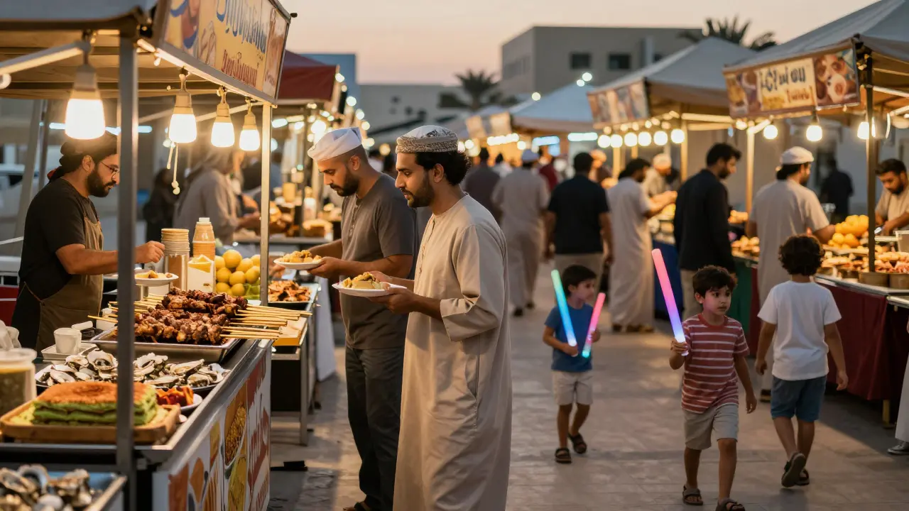 A lively night market with food stalls, glowing string lights, and people sharing meals under the night sky.