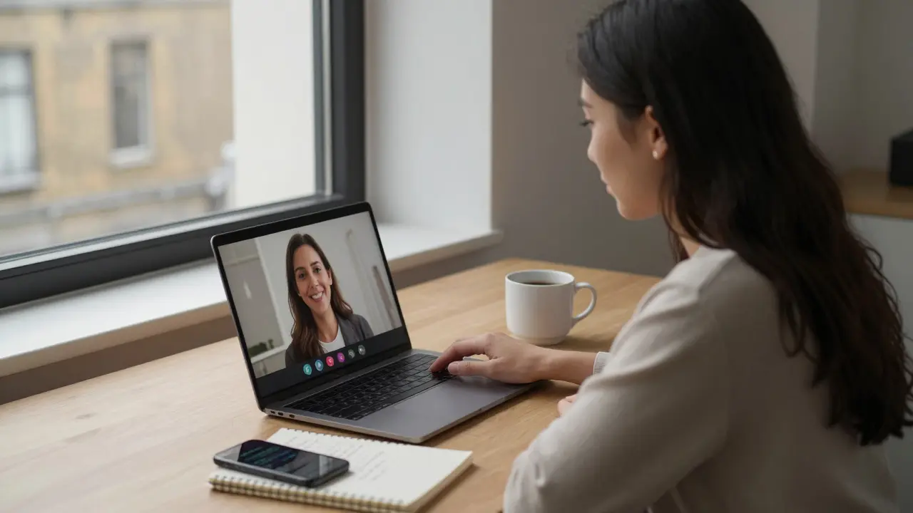 A modern escort works remotely in a quiet apartment, engaged in a virtual companionship call.