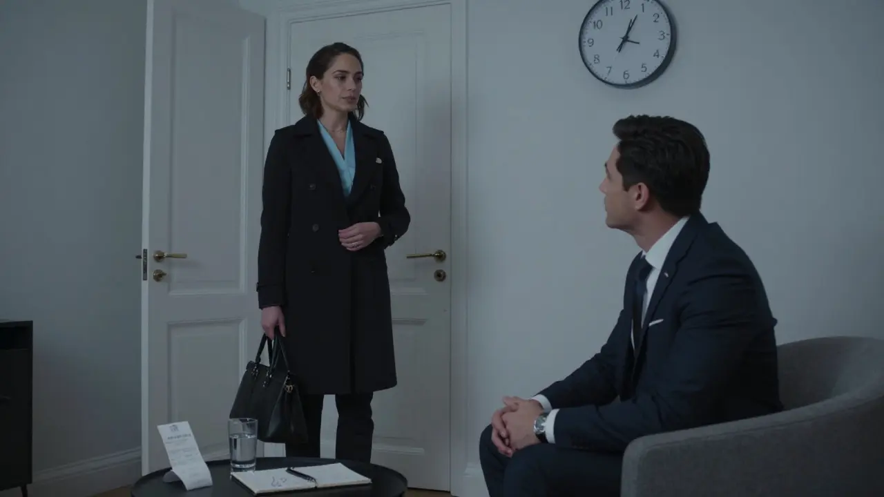 A professional escort preparing to leave after a private evening meeting, with signs of a clear, respectful transaction.