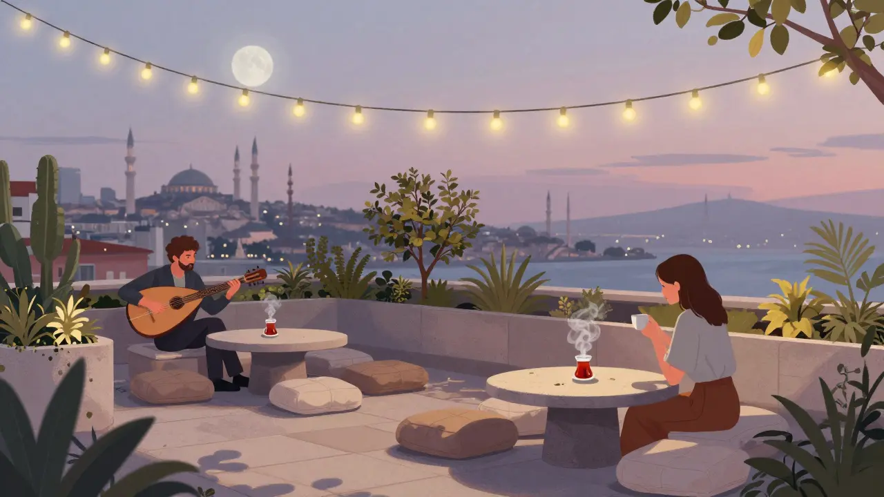 A quiet rooftop garden with low cushions, fairy lights, and an oud player softly playing under the night sky.