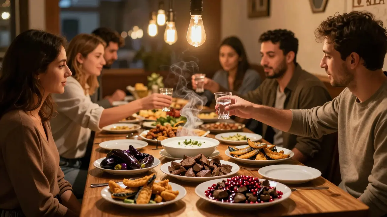 A vibrant late-night mezze spread with traditional Turkish dishes shared among diners in a cozy Istanbul kitchen.
