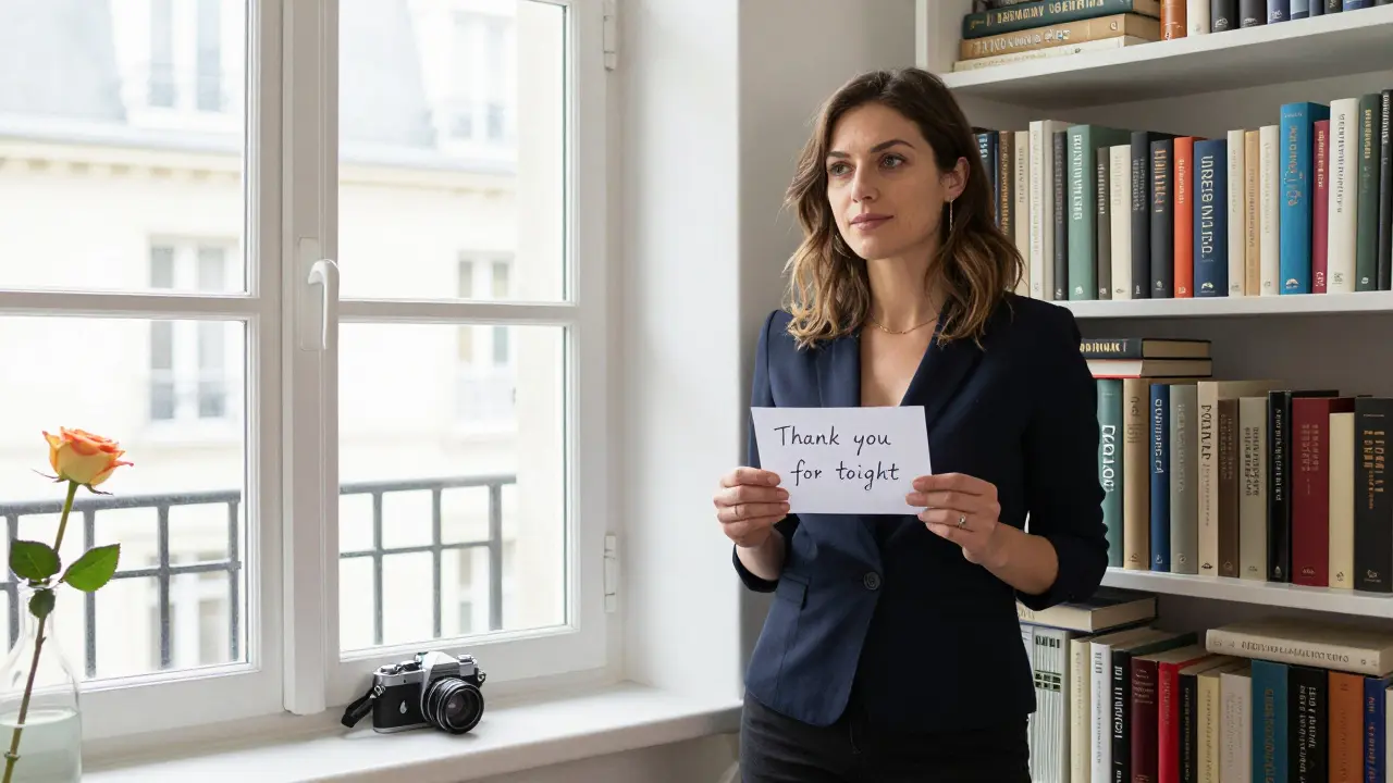 A woman in a Parisian apartment surrounded by books and art, holding a handwritten note of gratitude.