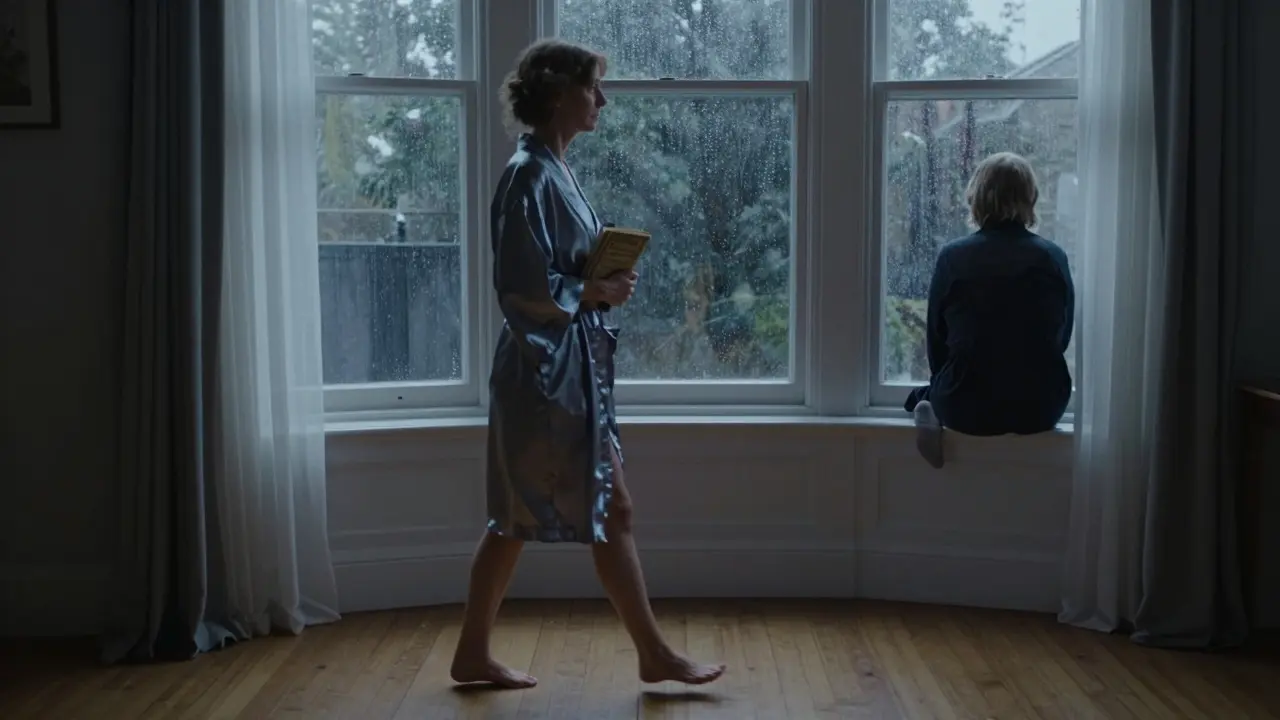 A woman in a silk robe gazing at rain through a window, holding a book in a quiet Hackney flat.