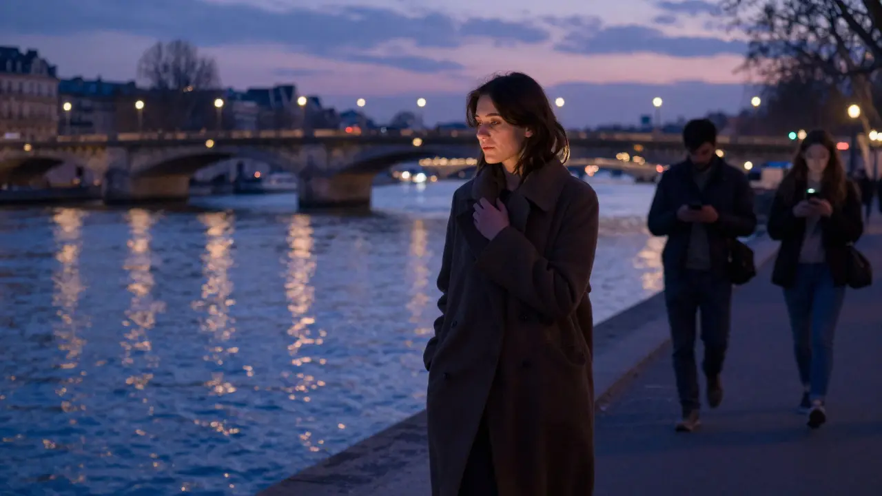 A woman walking alone along the Seine at twilight, her reflection in the water showing peace amid a city of distracted strangers.