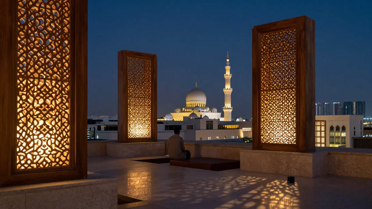 Al Bait Hotel Rooftop with mashrabiya shadows and Sheikh Zayed Grand Mosque lit up.