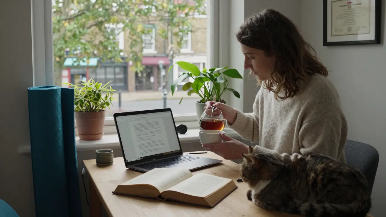 An escort in a cozy home, reading and pouring tea beside a window with plants.