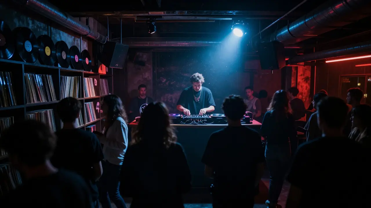 An underground Istanbul club with vinyl-lined walls and a DJ mixing folk and techno, bathed in moody colored light.