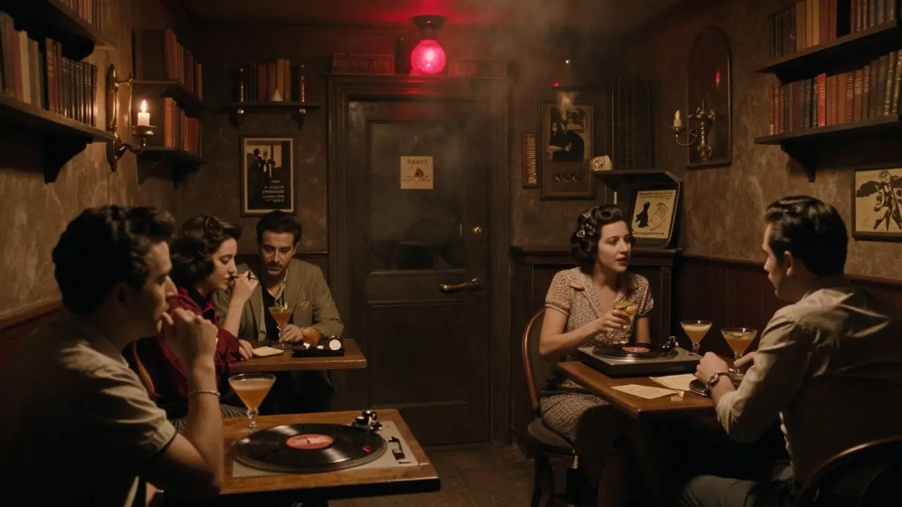 Candlelit underground bar with smoky ambiance, vintage vinyl player, and patrons in 1970s-style clothing.