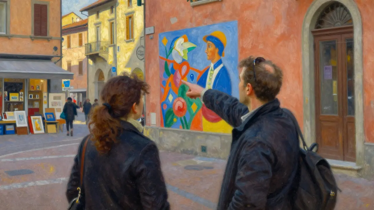 Companion guiding client through Brera district's art-filled streets pointing at mural.