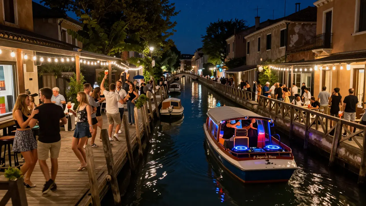 Crowds dancing on wooden decks beside illuminated canals in Navigli at night.