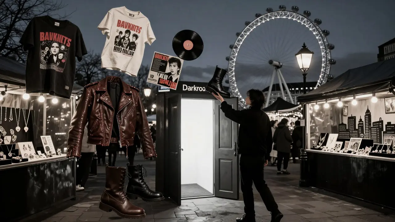 Floating vintage clothing and vinyl records hover above a midnight Camden market, with a glowing hidden boutique in the background.