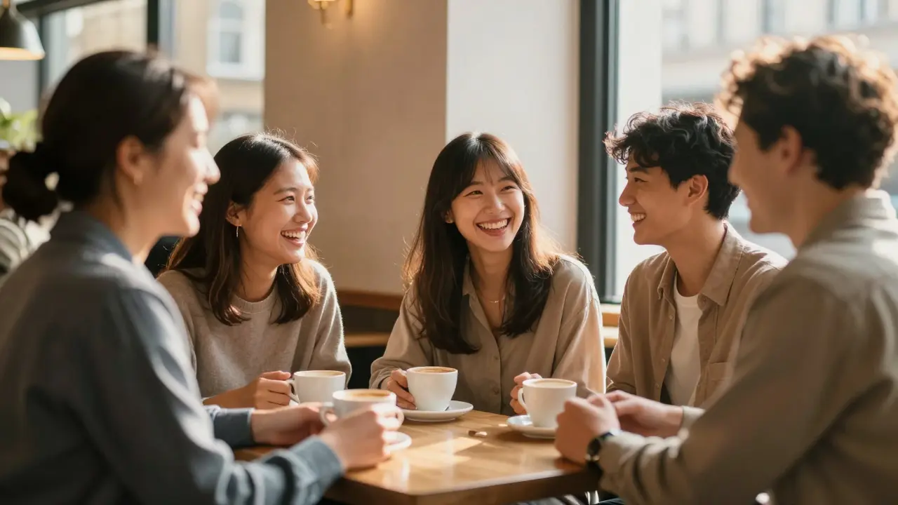 Group laughing in London café, warm lighting.