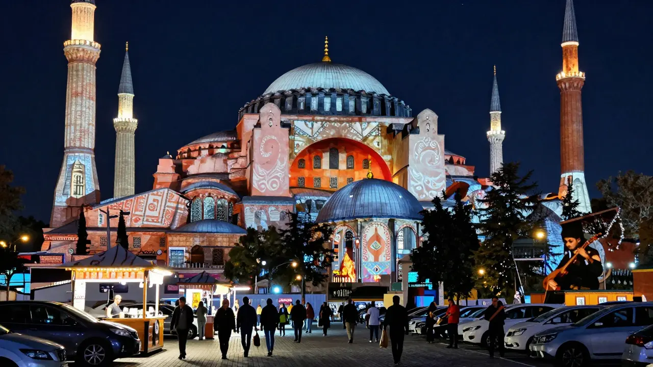 Hagia Sophia illuminated with colorful light projections during White Night Istanbul, crowds walking below.