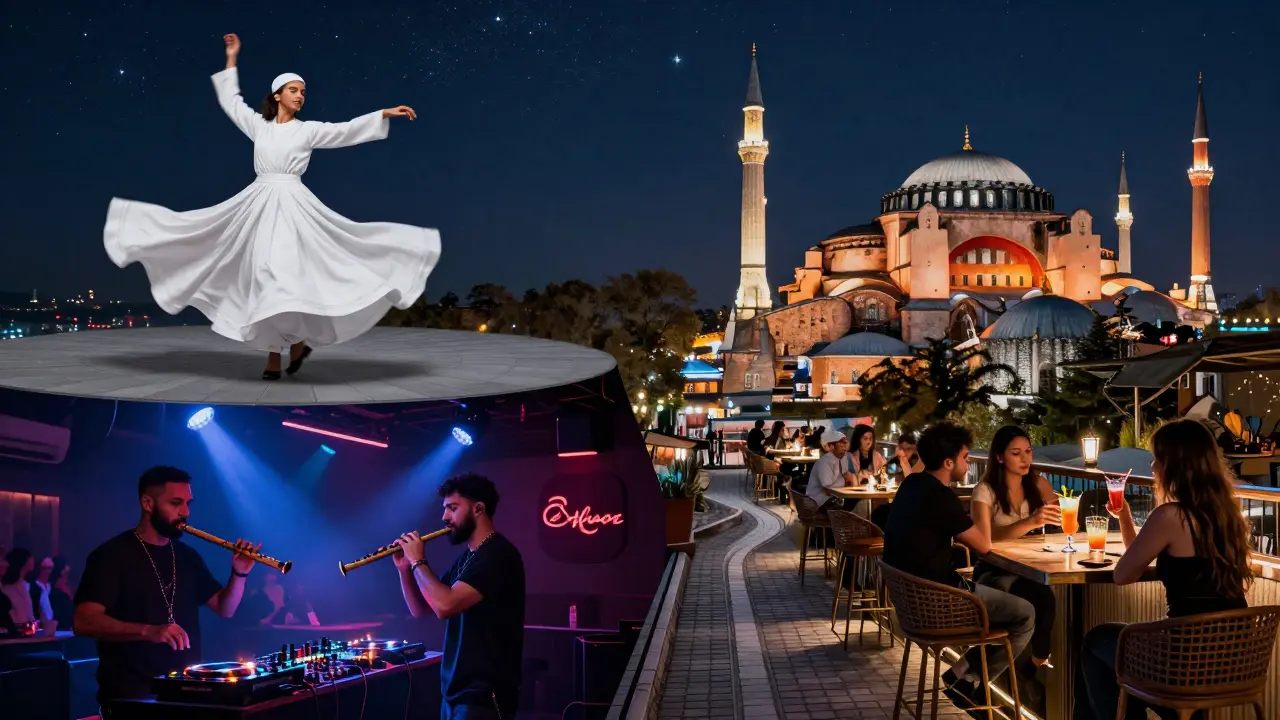 Layered nightlife of Istanbul: dervishes, underground club, and rooftop bar all connected under one night sky.