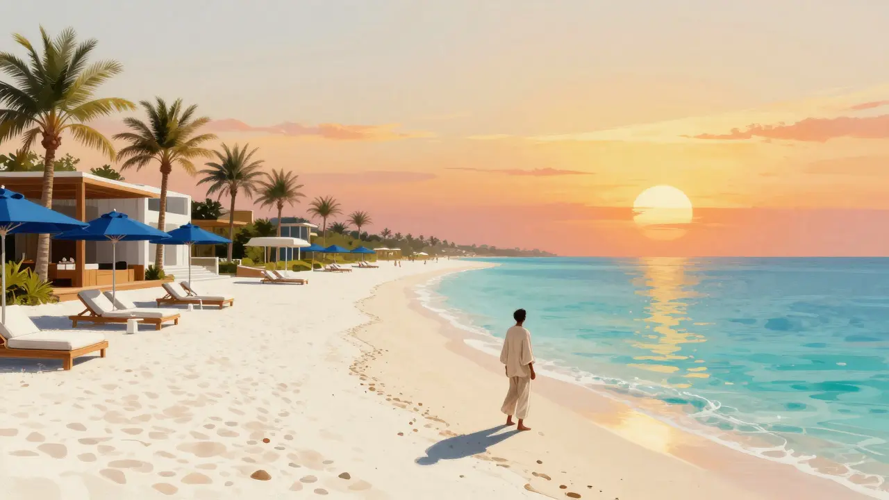 Saadiyat Beach Club sunset scene with blue umbrellas, turquoise water, and palm trees.