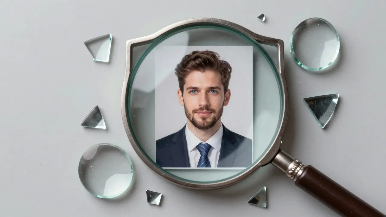 Shield of magnifying glass fragments around passport photo