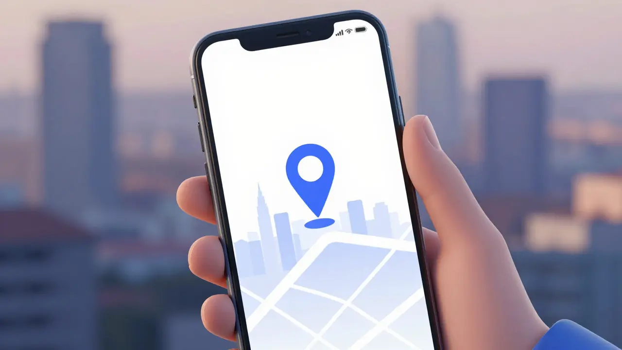 Smartphone screen showing map with location pin reflecting Milan's skyline.
