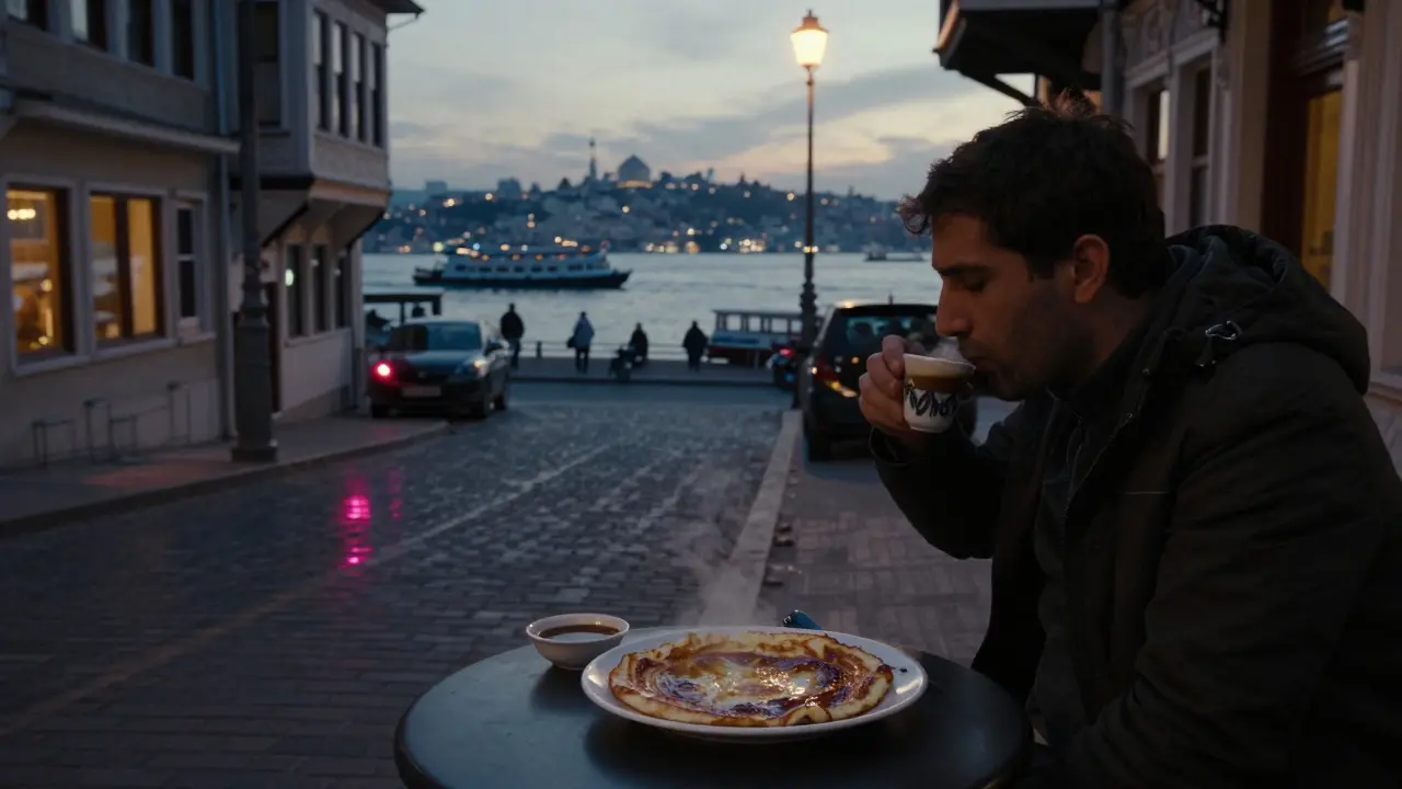 Someone sipping Turkish coffee at dawn in Çiçek Pasajı as the Bosphorus glows with morning light.