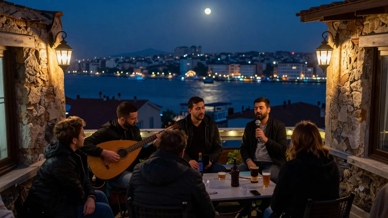 Strangers on a rooftop terrace in Karaköy sharing drinks and music under string lights at 2 a.m.