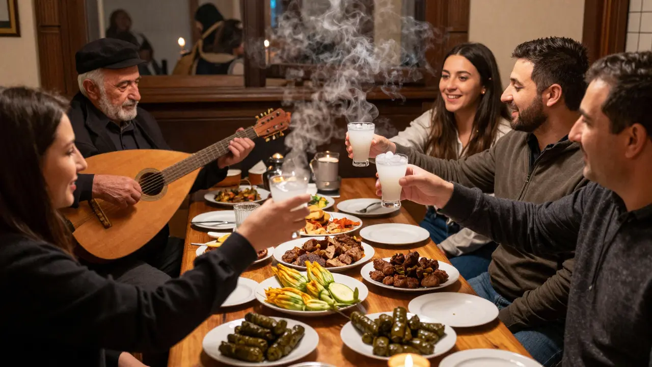 Traditional Turkish meyhane with patrons drinking raki, sharing meze, and listening to live oud music.