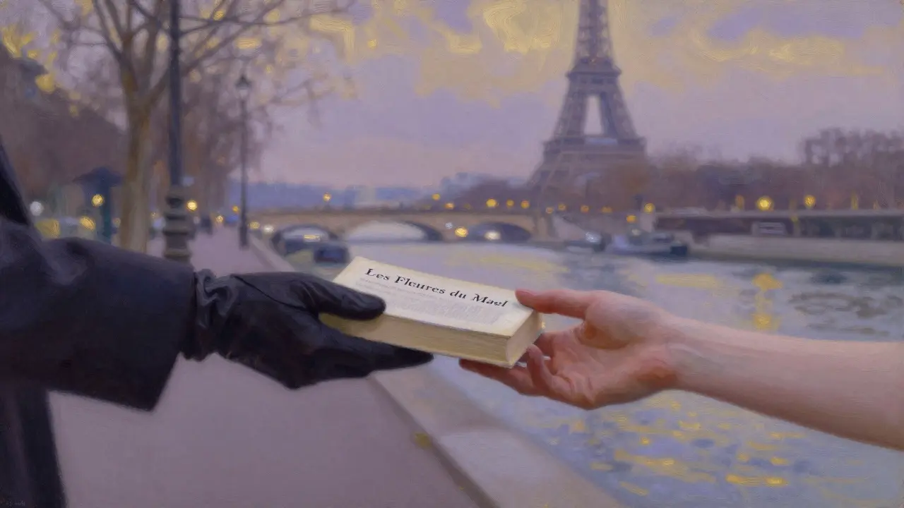 Two hands exchanging a book across a misty Paris street at dusk, with the Seine and Eiffel Tower in the distance.