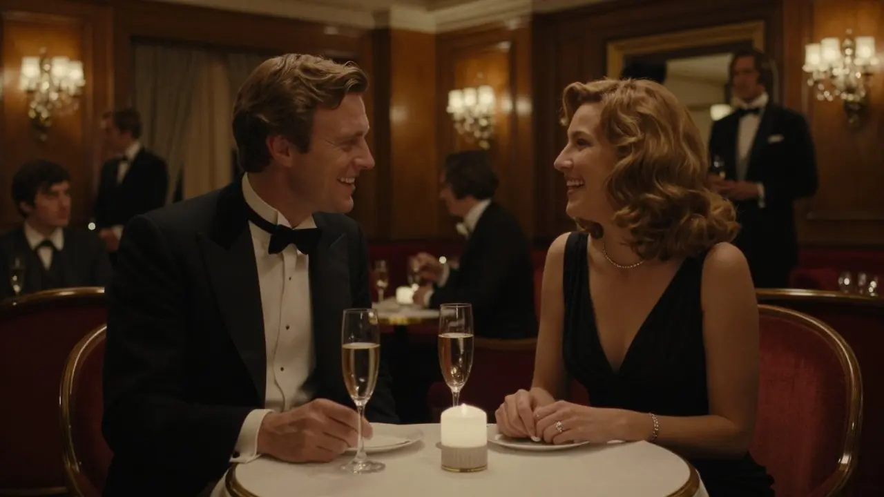 Two individuals in formal attire laughing softly at a private club table.