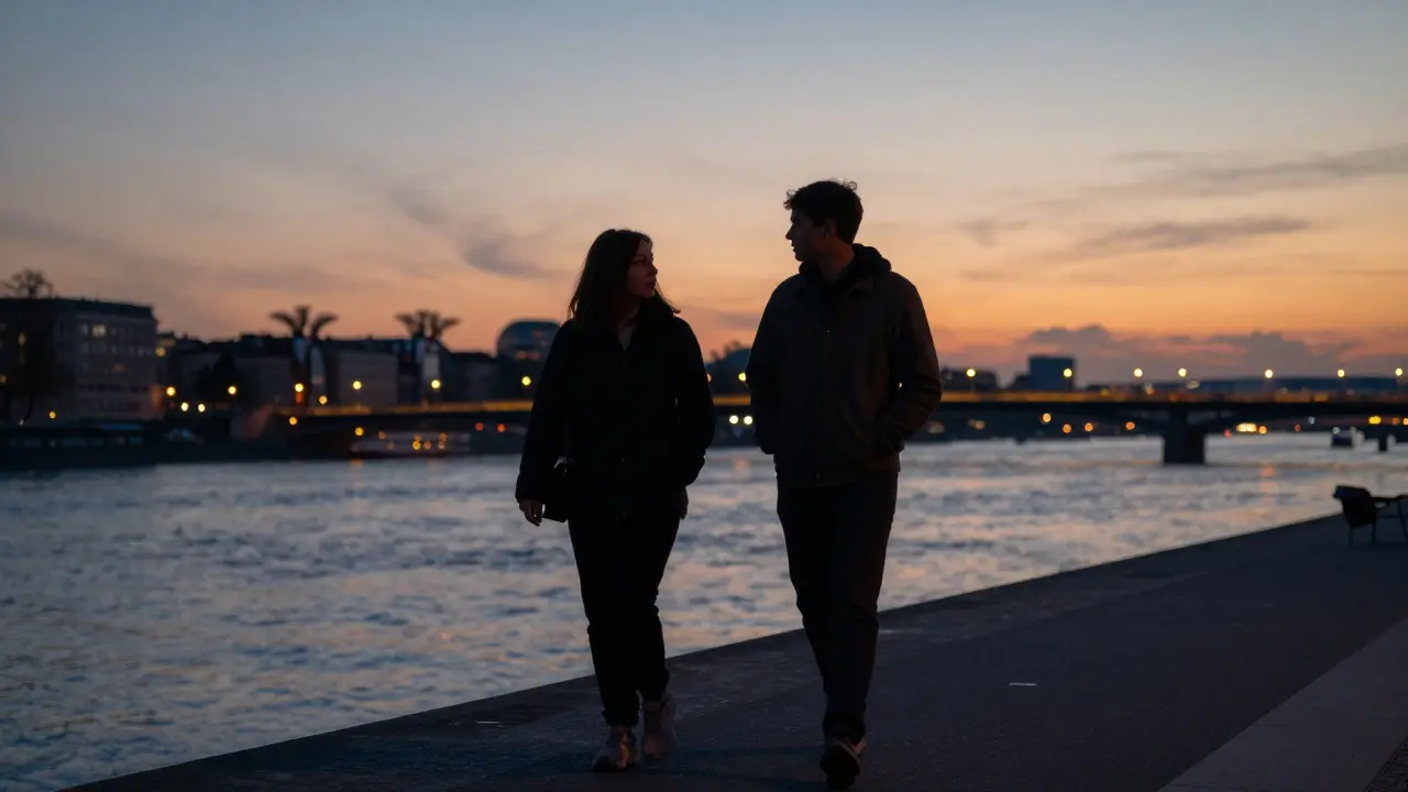 Two individuals walking peacefully along the Spree River at dusk, silhouetted against the city lights.