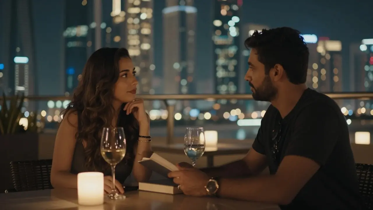 Two people having a quiet, meaningful conversation at a rooftop lounge in Abu Dhabi, with the city skyline glowing in the background.