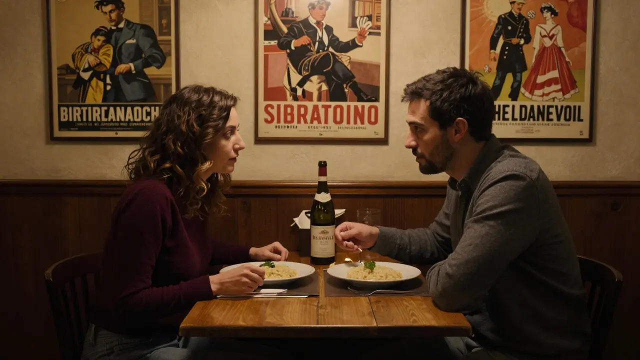 Two people share a quiet dinner of risotto and wine in a hidden Brera trattoria.