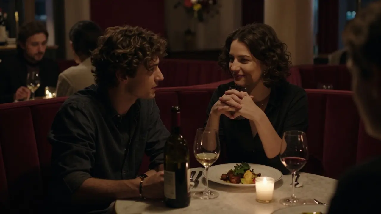 Two people sharing wine in an intimate restaurant booth, softly lit by candlelight in Berlin.