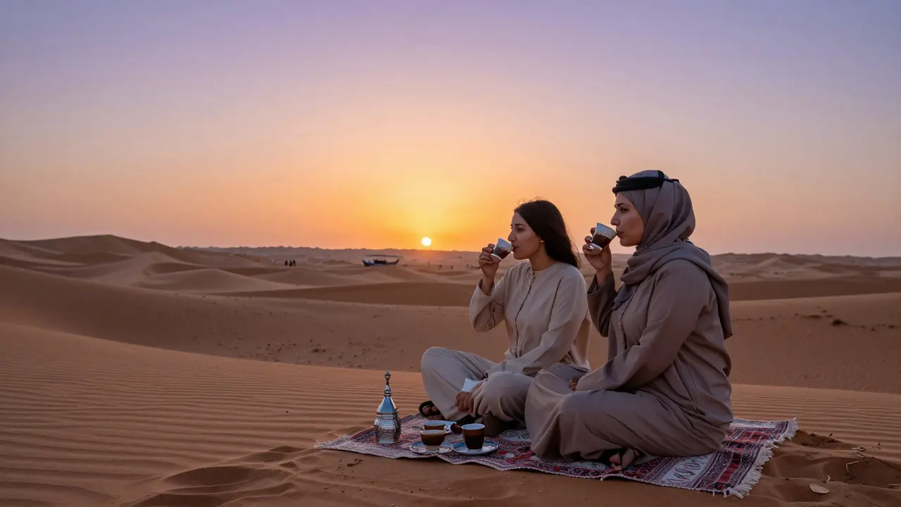 Two travelers enjoying sunset coffee in the desert, sharing quiet moments under a warm sky with dunes stretching into the horizon.