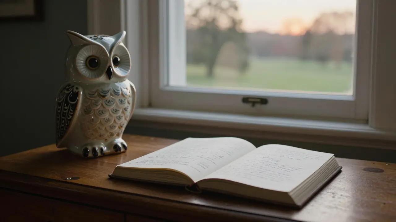 A ceramic owl sits on a dresser beside an open journal in a quiet London flat.