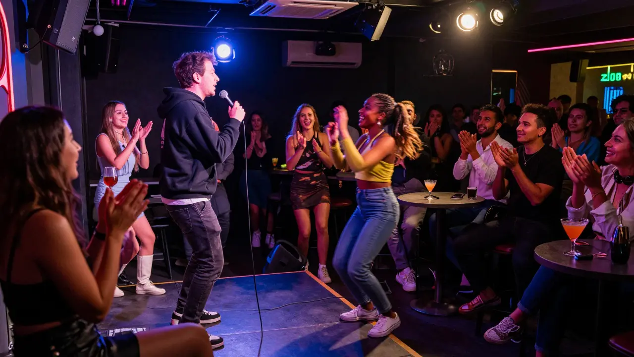 A comedian improvises as a guest dances on stage at Zouk Dubai, crowd cheering under neon lights and cocktails on tables.